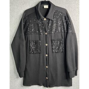 Lovely Melody XL Black Waffle Knit Sequin Button Front V-Neck Sweater USA